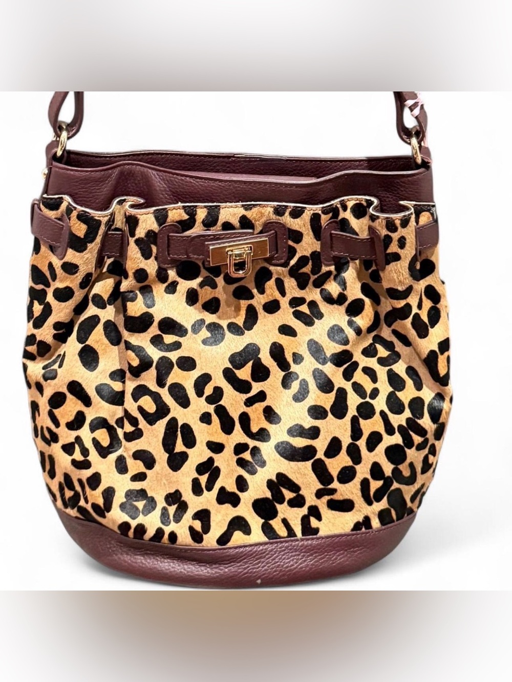 NWOT Hair Calf Leopard Print Bucket Bag with Genuine Leather trim